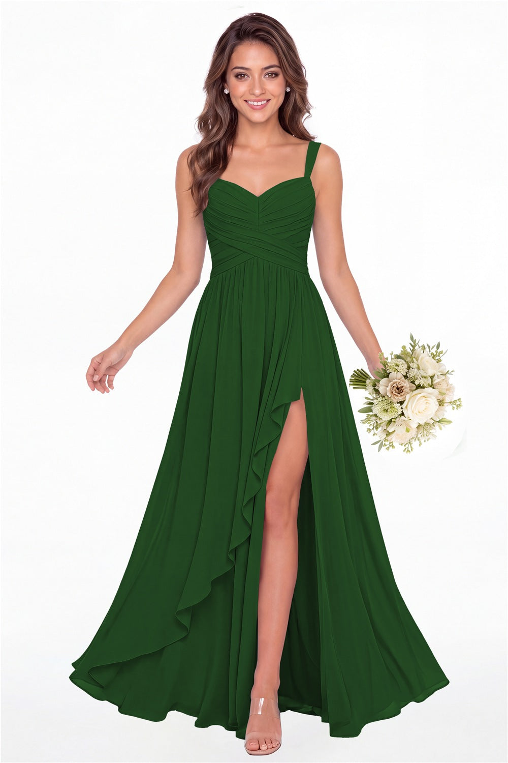 Emerald Green Sweetheart Ruched Chiffon Ruffle Slit Maxi Gown - Front View