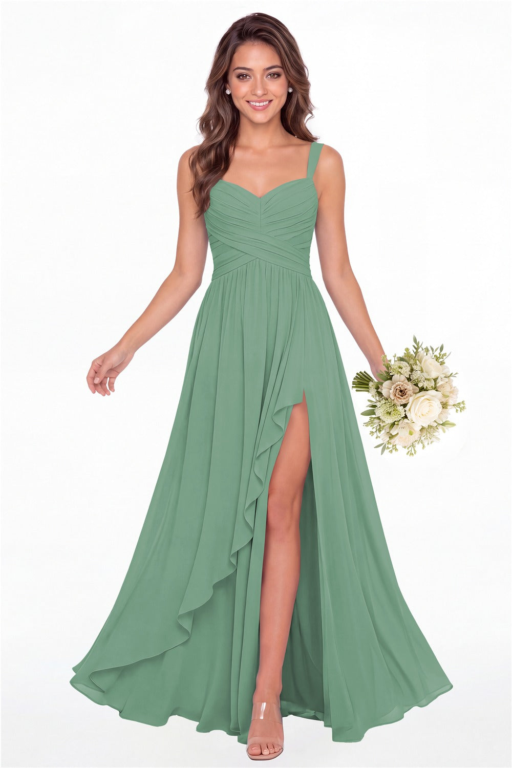 Eucalyptus Sweetheart Ruched Chiffon Ruffle Slit Maxi Gown - Front View