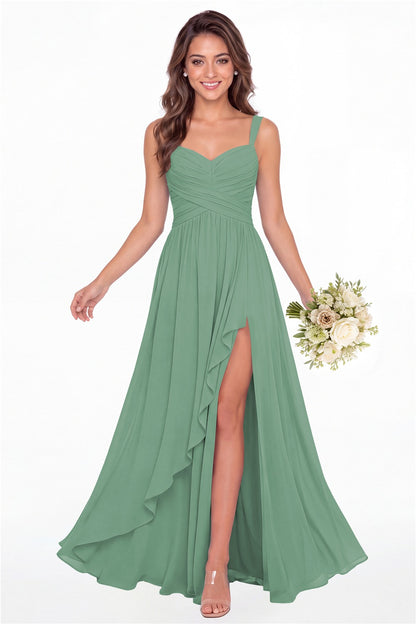 Eucalyptus Sweetheart Ruched Chiffon Ruffle Slit Maxi Gown - Front View