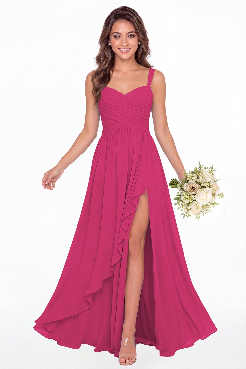 Fuchsia Sweetheart Ruched Chiffon Ruffle Slit Maxi Gown - Front View