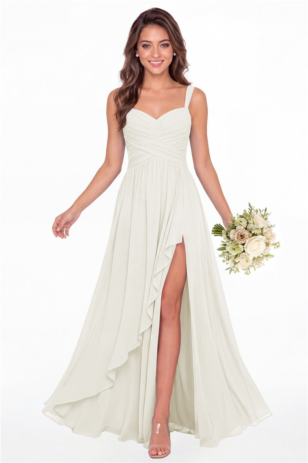 Ivory Sweetheart Ruched Chiffon Ruffle Slit Maxi Gown - Front View