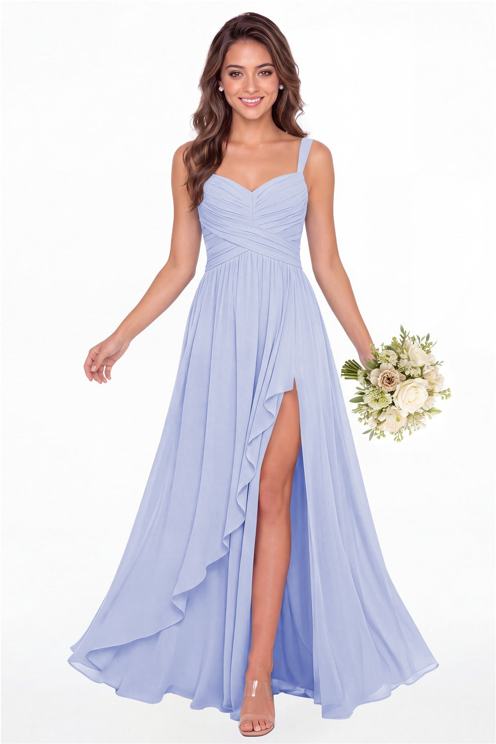 Lavender Sweetheart Ruched Chiffon Ruffle Slit Maxi Gown - Front View