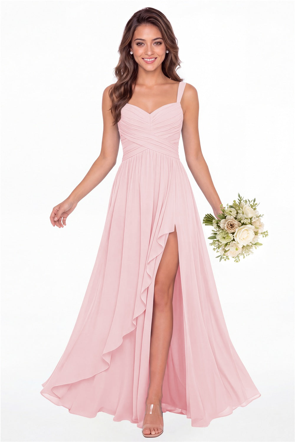 Light Pink Sweetheart Ruched Chiffon Ruffle Slit Maxi Gown - Front View