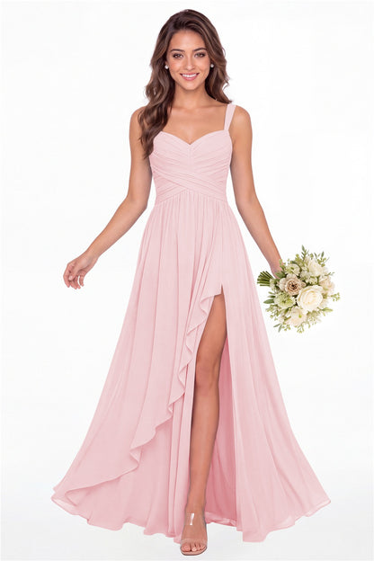 Light Pink Sweetheart Ruched Chiffon Ruffle Slit Maxi Gown - Front View