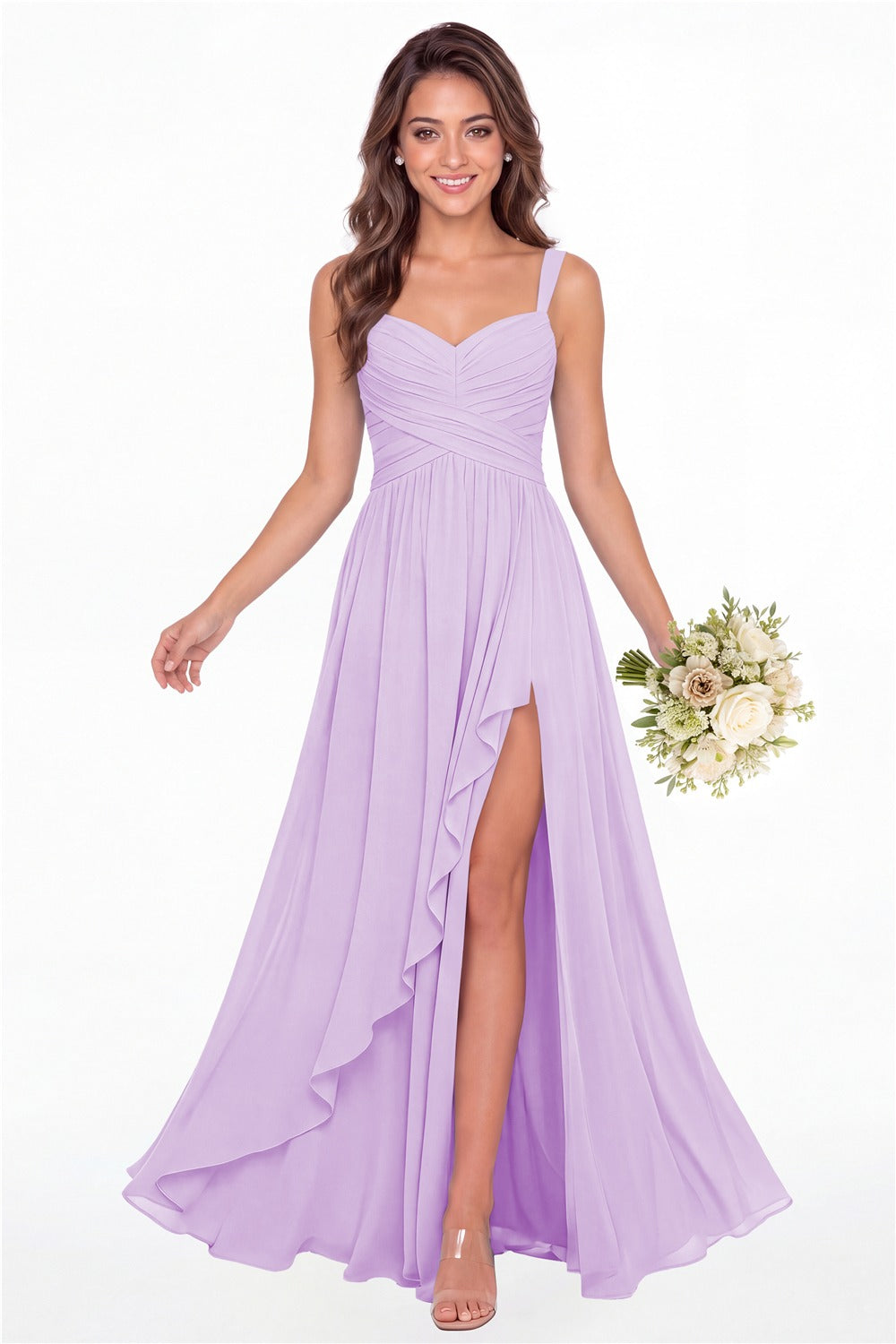 Lilac Sweetheart Ruched Chiffon Ruffle Slit Maxi Gown - Front View