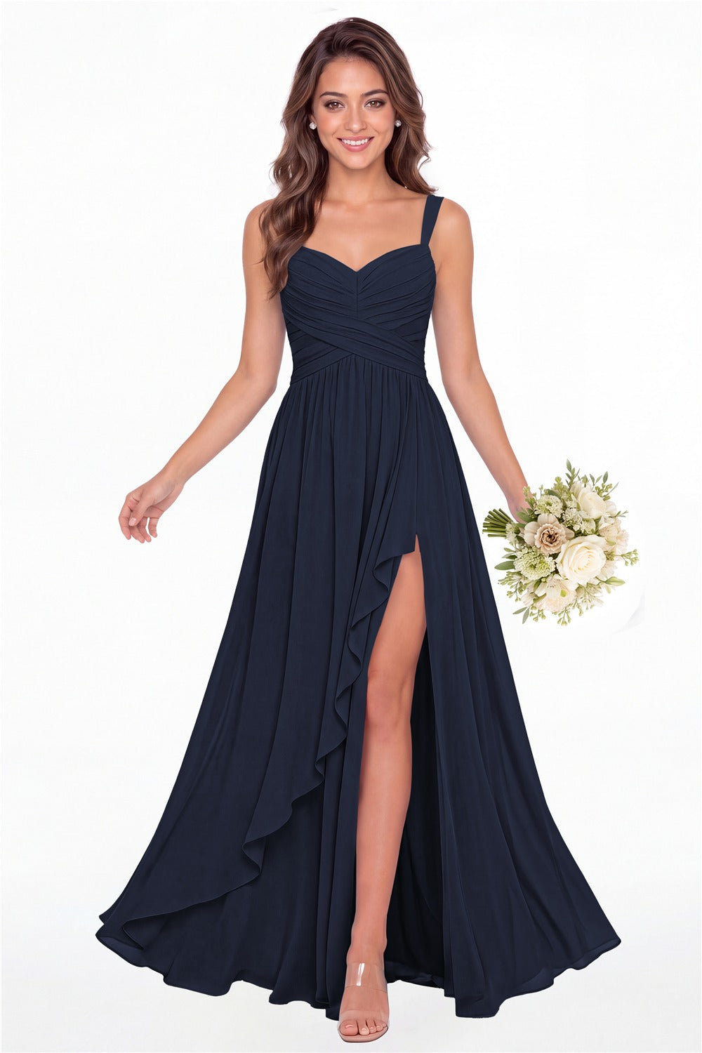 Navy Blue Sweetheart Ruched Chiffon Ruffle Slit Maxi Gown - Front View