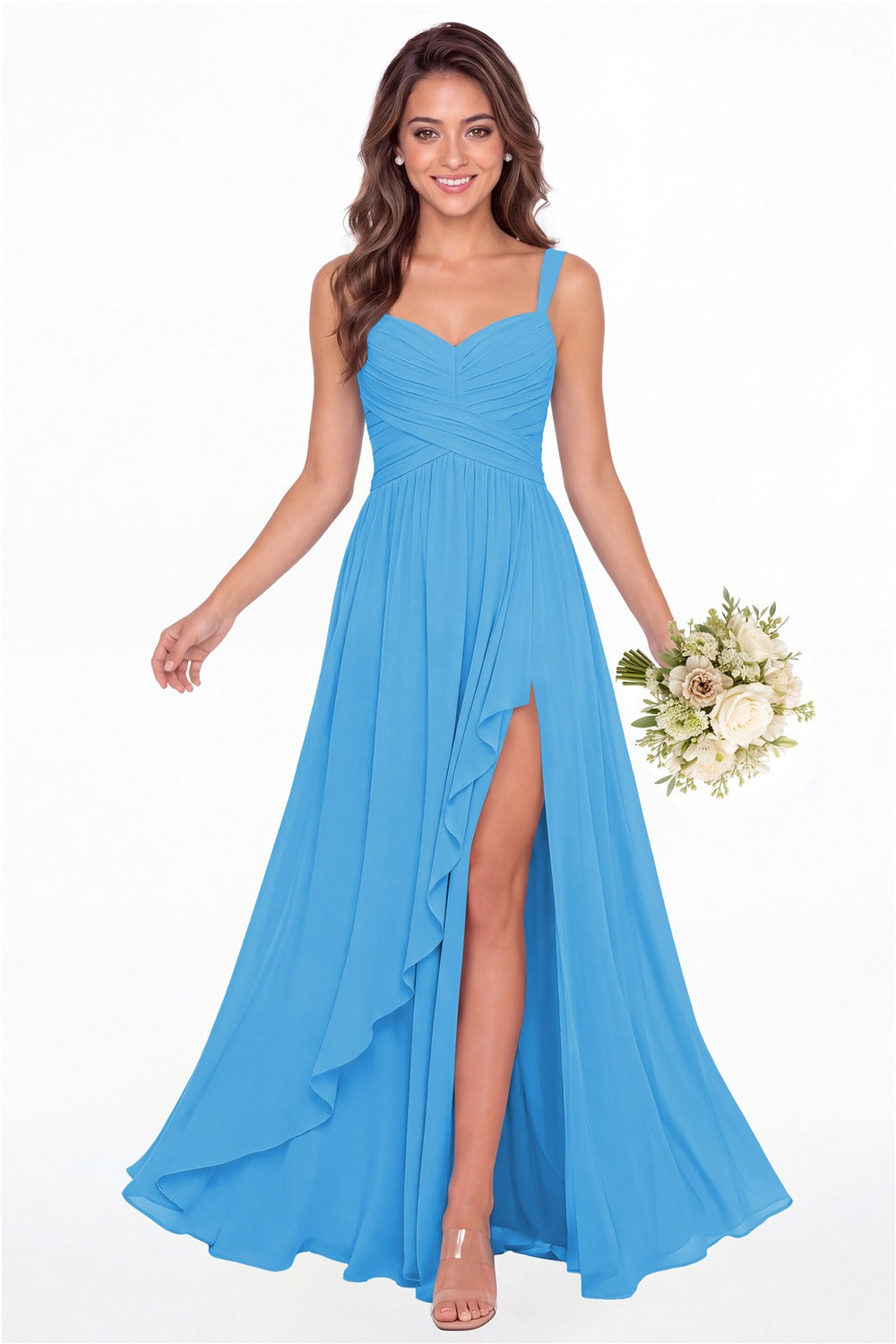 Ocean Blue Sweetheart Ruched Chiffon Ruffle Slit Maxi Gown - Front View
