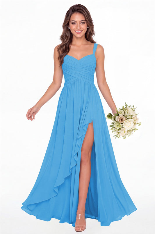 Ocean Blue Sweetheart Ruched Chiffon Ruffle Slit Maxi Gown - Front View