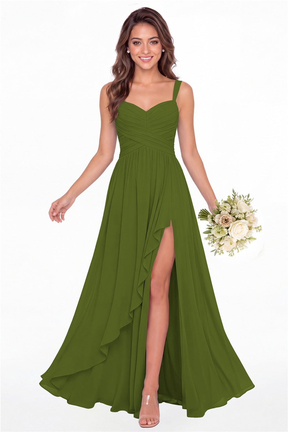 Olive Green Sweetheart Ruched Chiffon Ruffle Slit Maxi Gown - Front View