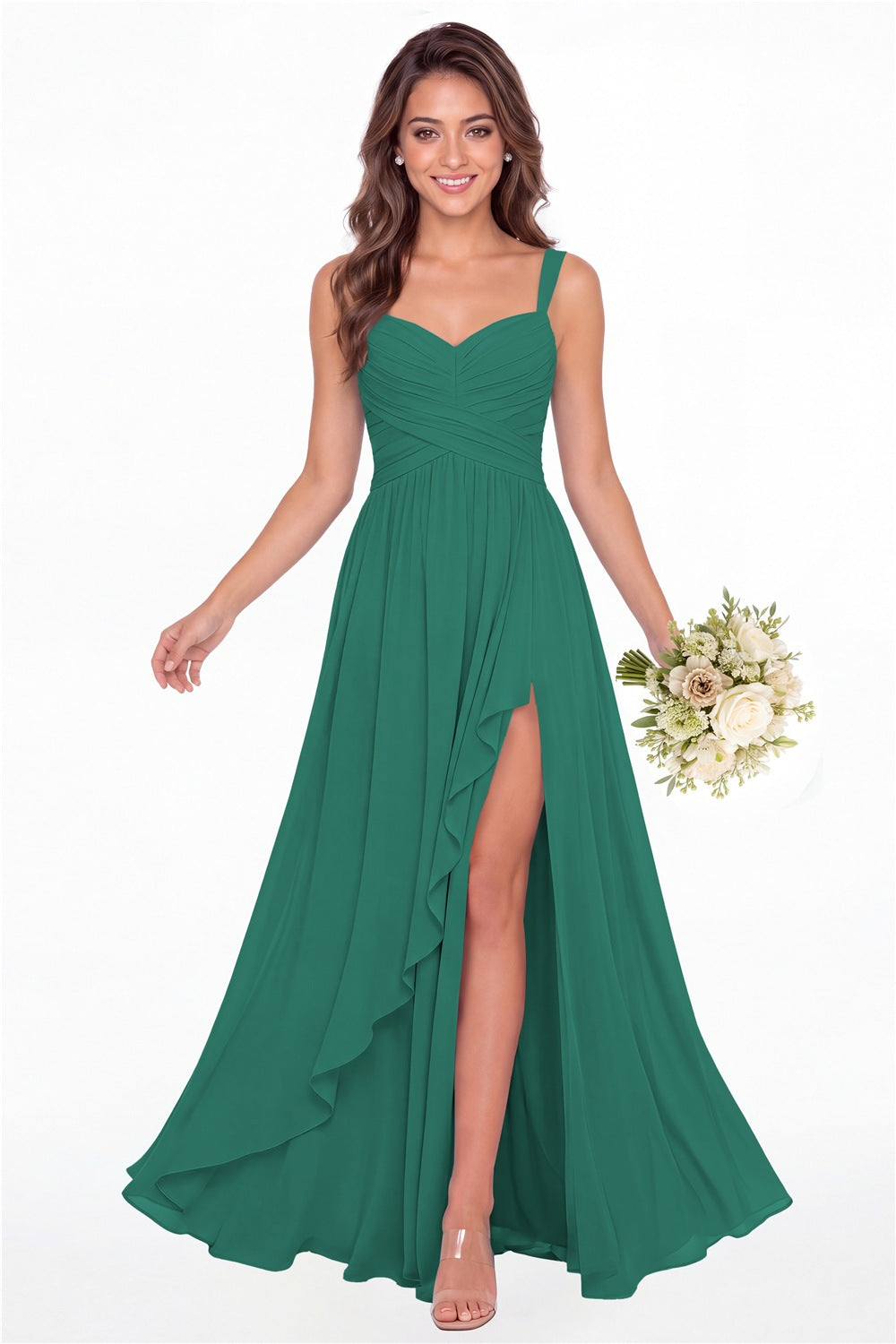Peacock Sweetheart Ruched Chiffon Ruffle Slit Maxi Gown - Front View