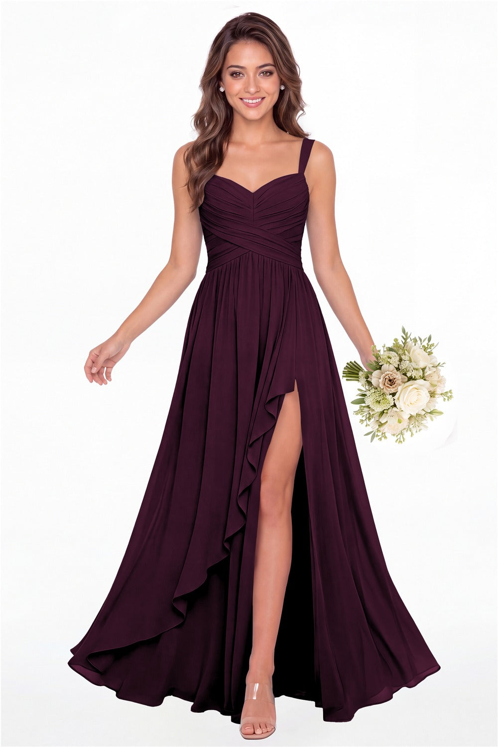 Plum Sweetheart Ruched Chiffon Ruffle Slit Maxi Gown - Front View