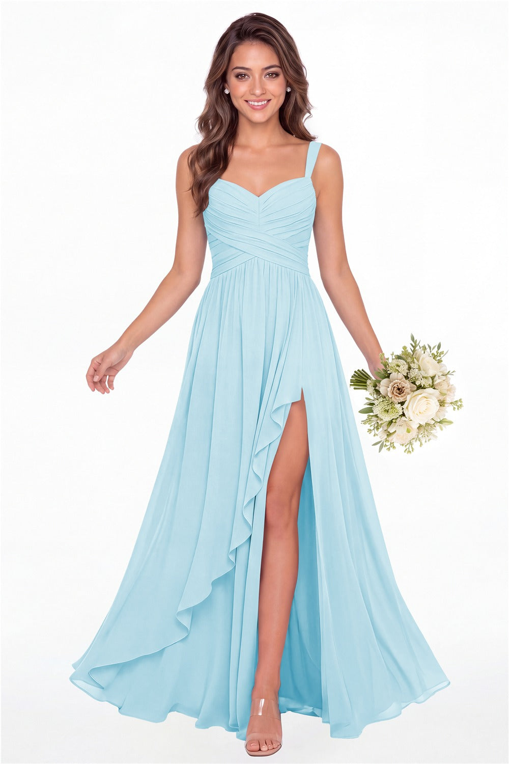 Powder Blue Sweetheart Ruched Chiffon Ruffle Slit Maxi Gown - Front View