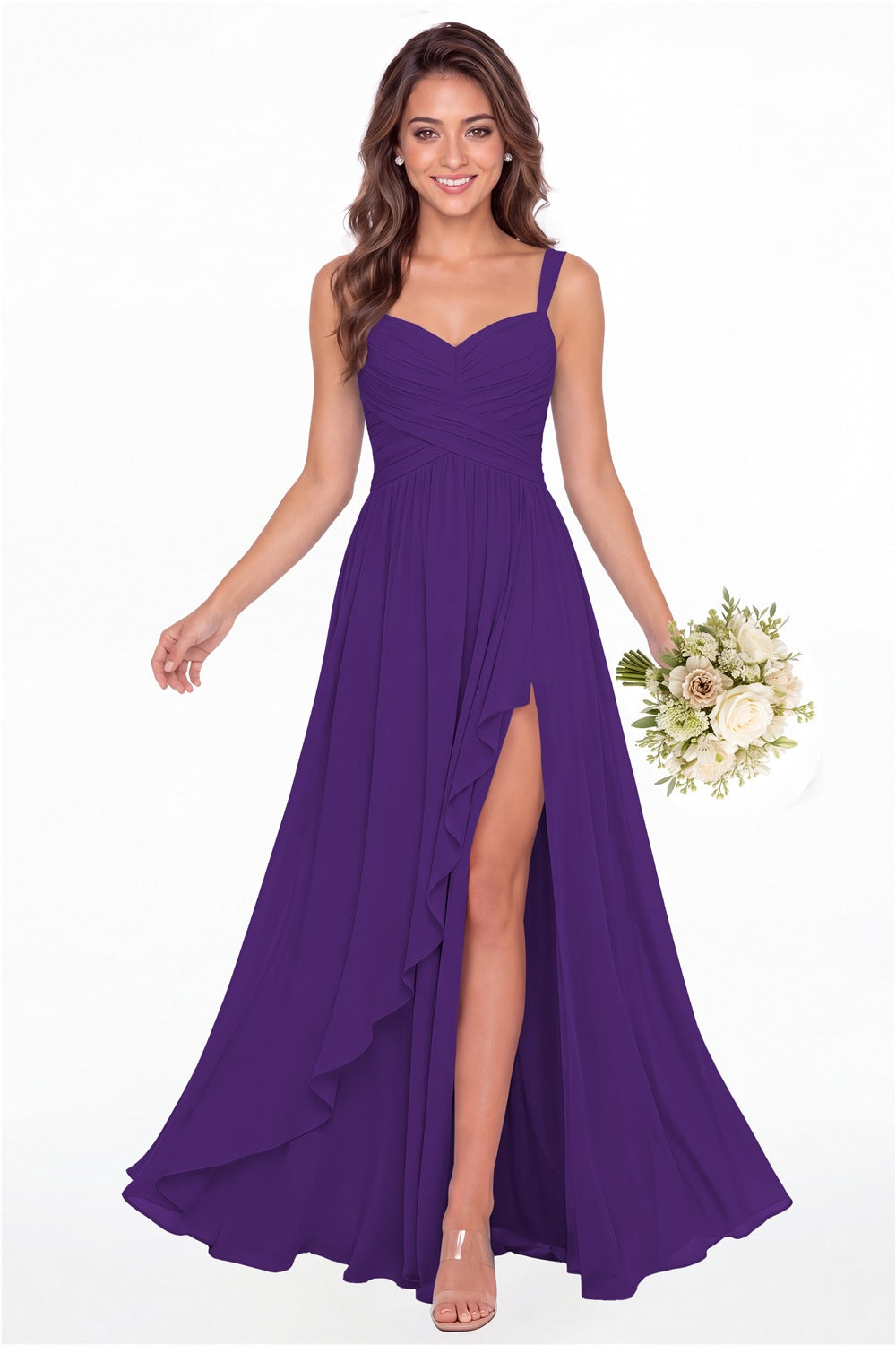 Purple Sweetheart Ruched Chiffon Ruffle Slit Maxi Gown - Front View