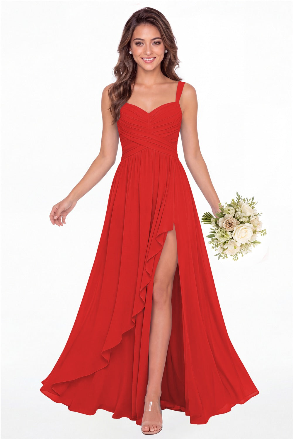 Red Sweetheart Ruched Chiffon Ruffle Slit Maxi Gown - Front View