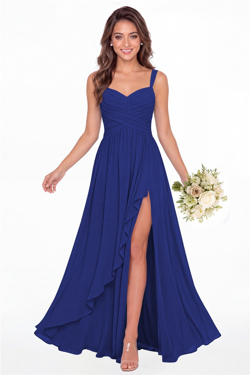 Royal Blue Sweetheart Ruched Chiffon Ruffle Slit Maxi Gown - Front View