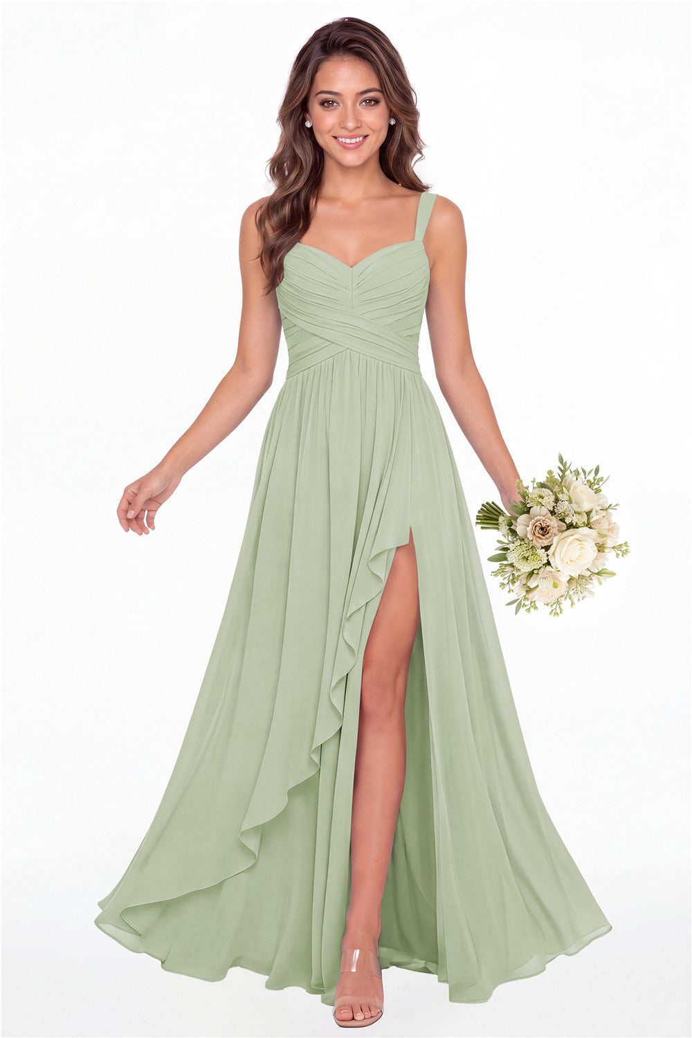 Sage Green Sweetheart Ruched Chiffon Ruffle Slit Maxi Gown - Front View