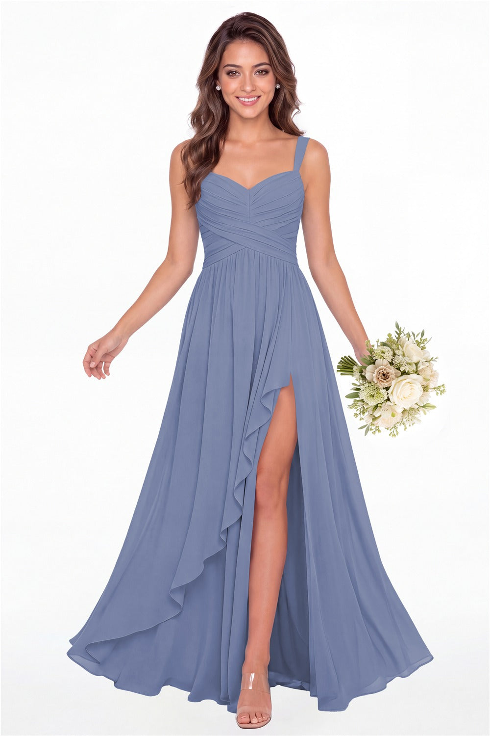 Steel Blue Sweetheart Ruched Chiffon Ruffle Slit Maxi Gown - Front View