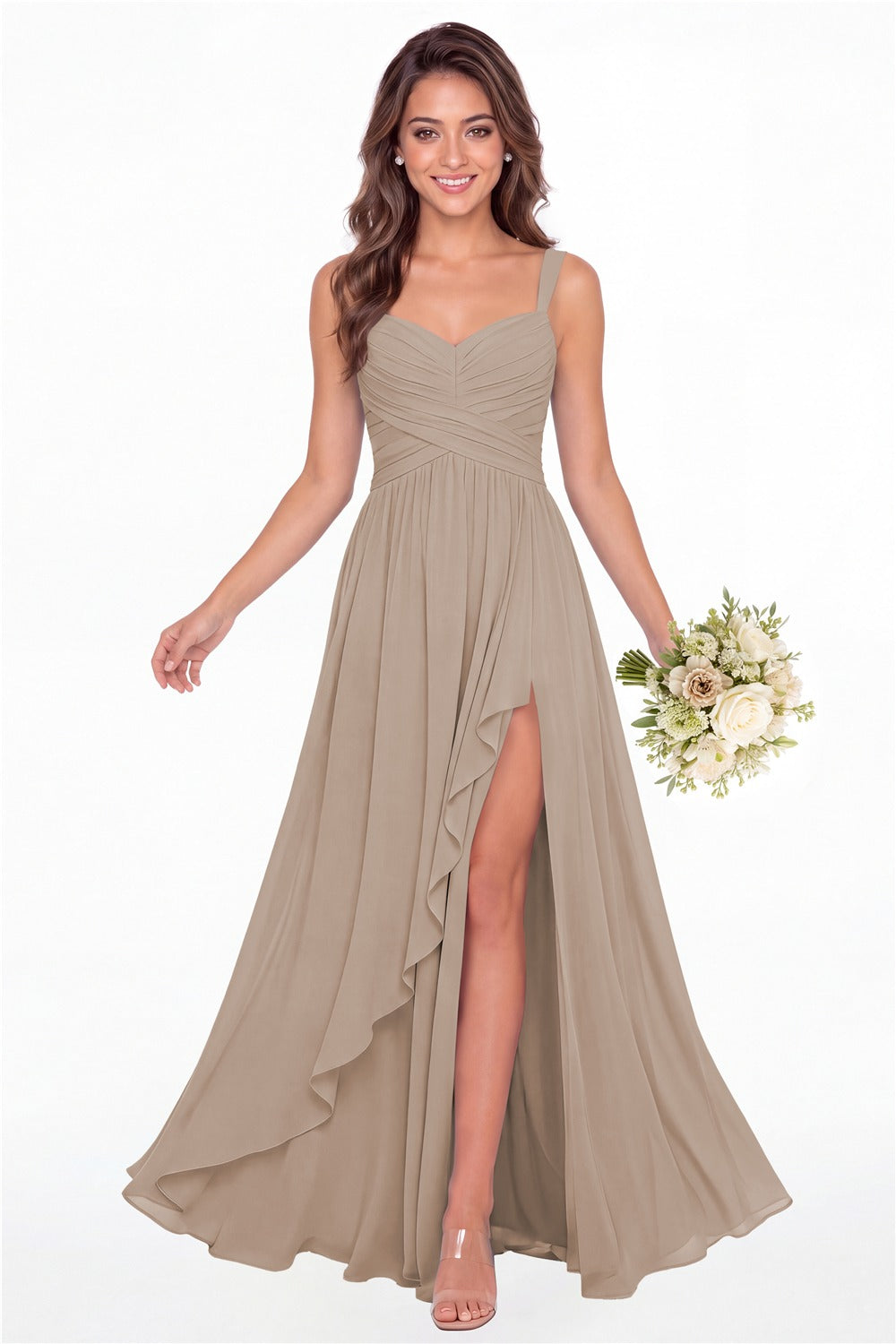 Taupe Sweetheart Ruched Chiffon Ruffle Slit Maxi Gown - Front View