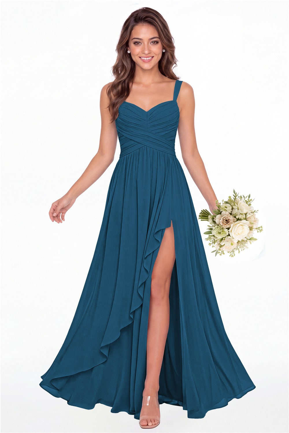 Teal Sweetheart Ruched Chiffon Ruffle Slit Maxi Gown - Front View