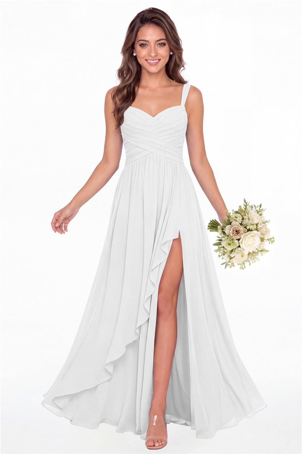 White Sweetheart Ruched Chiffon Ruffle Slit Maxi Gown - Front View