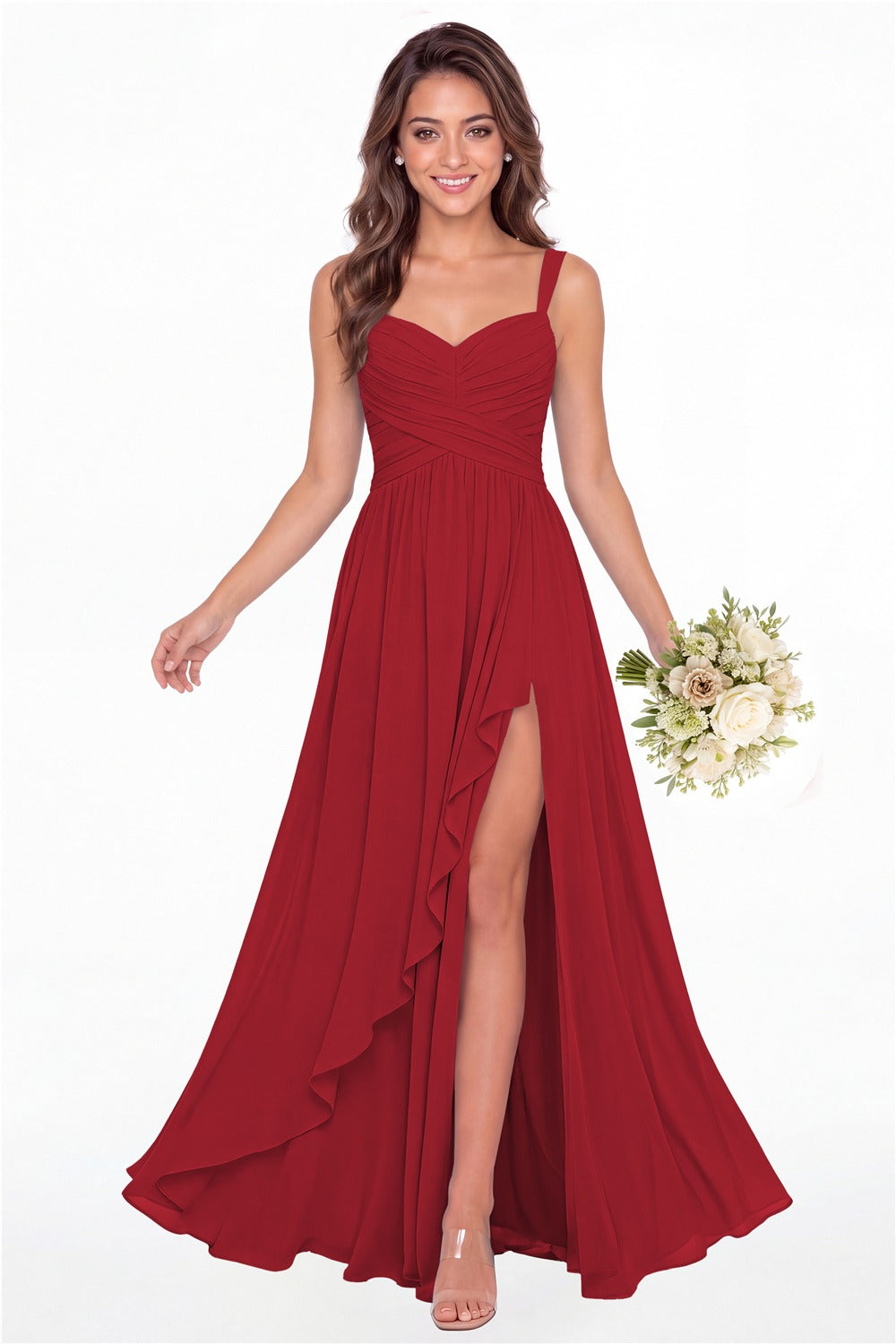 Wine Red Sweetheart Ruched Chiffon Ruffle Slit Maxi Gown - Front View