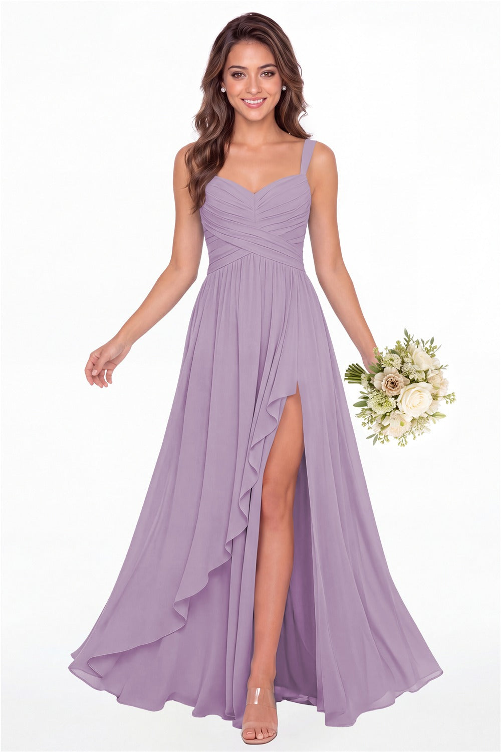 Wisteria Sweetheart Ruched Chiffon Ruffle Slit Maxi Gown - Front View
