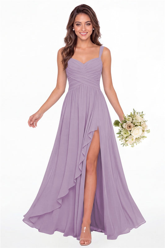 Wisteria Sweetheart Ruched Chiffon Ruffle Slit Maxi Gown - Front View