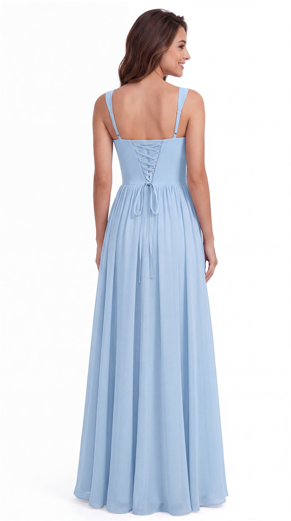 Sweetheart Ruched Chiffon Ruffle Slit Maxi Gown - Back View