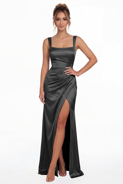 Black Square Neck Ruched Satin Slit Maxi Gown - Front View
