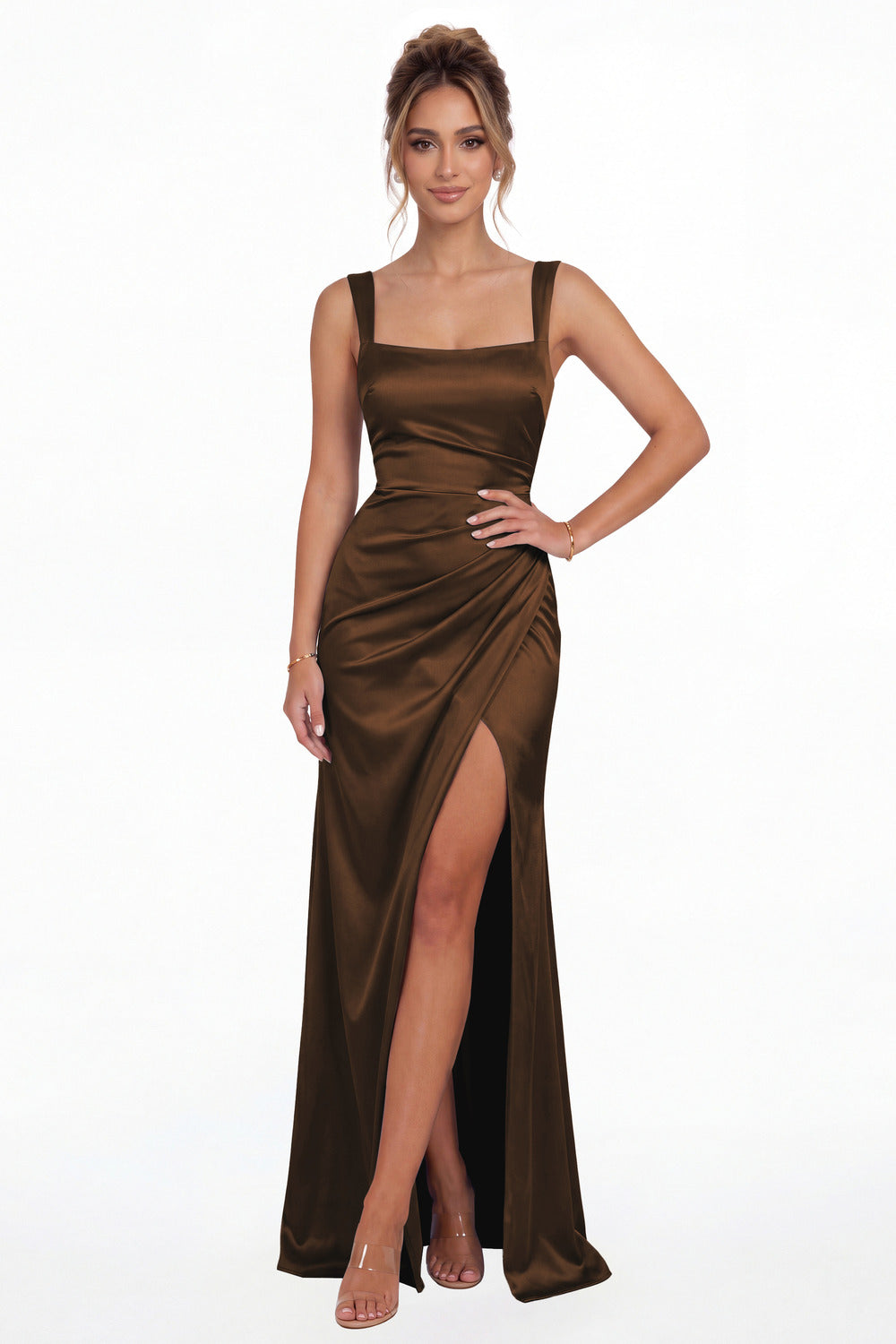 Brown Square Neck Ruched Satin Slit Maxi Gown - Front View