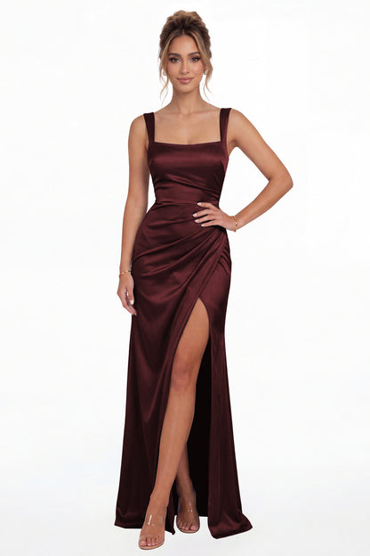 Burgundy Square Neck Ruched Satin Slit Maxi Gown - Front View