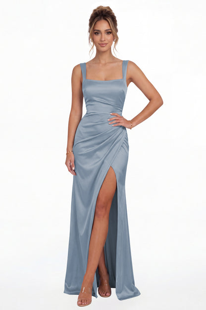 Dusty Blue Square Neck Ruched Satin Slit Maxi Gown - Front View