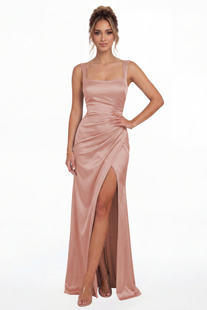 Dusty Rose Square Neck Ruched Satin Slit Maxi Gown - Front View