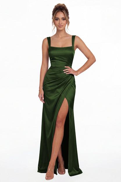 Emerald Green Square Neck Ruched Satin Slit Maxi Gown - Front View