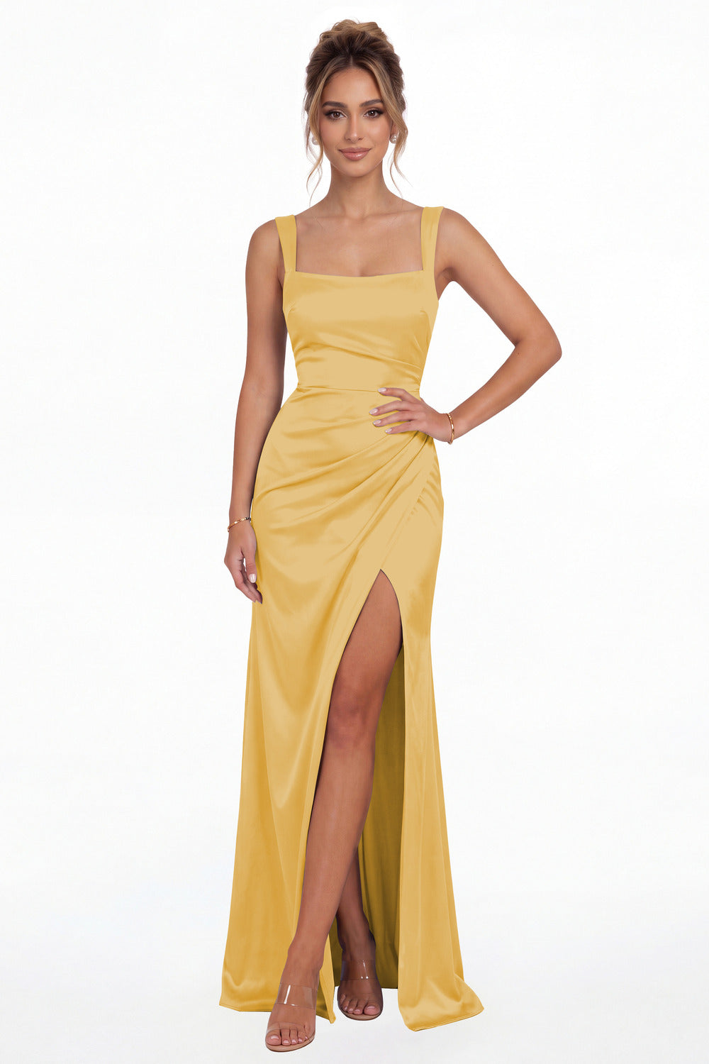 Gold Square Neck Ruched Satin Slit Maxi Gown - Front View