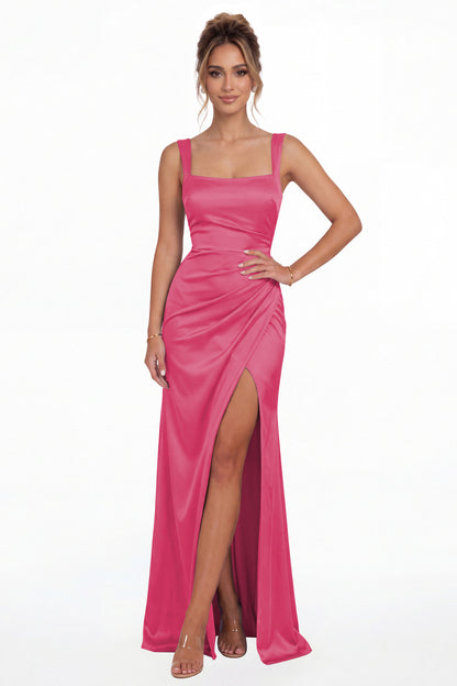 Hot Pink Square Neck Ruched Satin Slit Maxi Gown - Front View