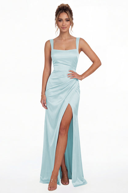 Light Blue Square Neck Ruched Satin Slit Maxi Gown - Front View
