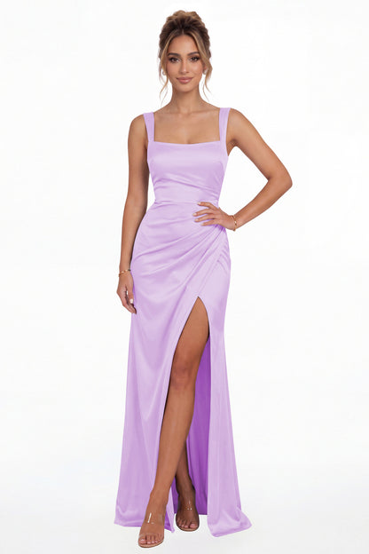 Lilac Square Neck Ruched Satin Slit Maxi Gown - Front View