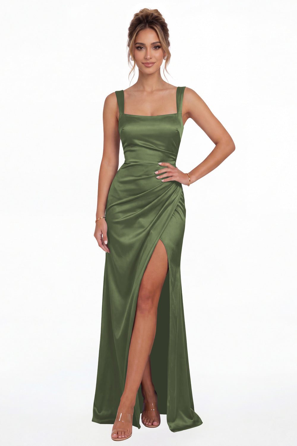 Moss Green Square Neck Ruched Satin Slit Maxi Gown - Front View