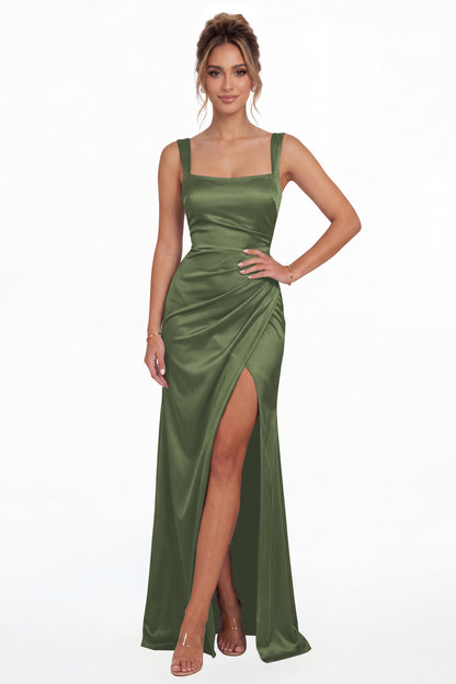 Moss Green Square Neck Ruched Satin Slit Maxi Gown - Front View