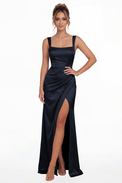 Navy Blue Square Neck Ruched Satin Slit Maxi Gown - Front View