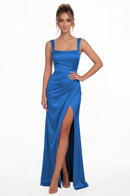 Ocean Blue Square Neck Ruched Satin Slit Maxi Gown - Front View