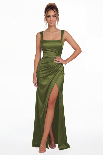 Olive Green Square Neck Ruched Satin Slit Maxi Gown - Front View