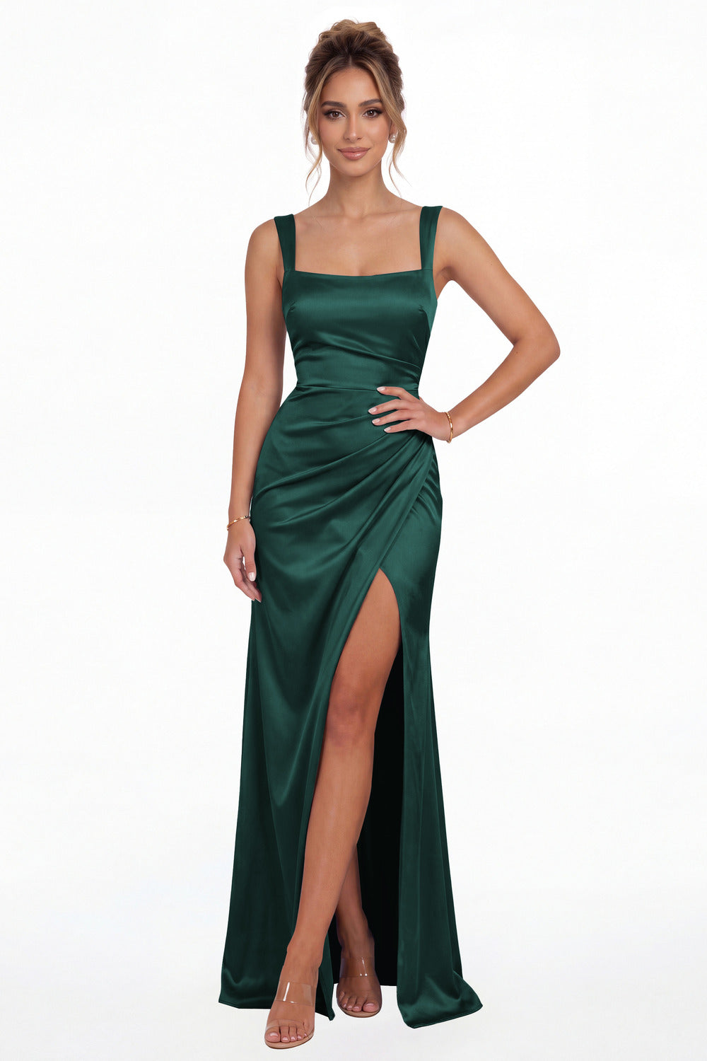Peacock Square Neck Ruched Satin Slit Maxi Gown - Front View