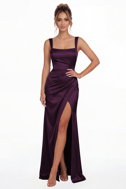 Plum Square Neck Ruched Satin Slit Maxi Gown - Front View