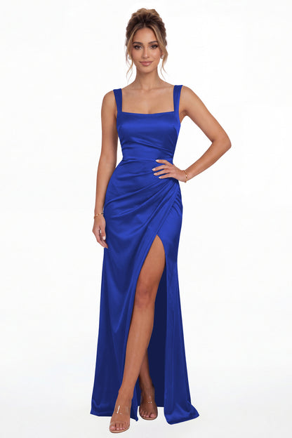 Royal Blue Square Neck Ruched Satin Slit Maxi Gown - Front View