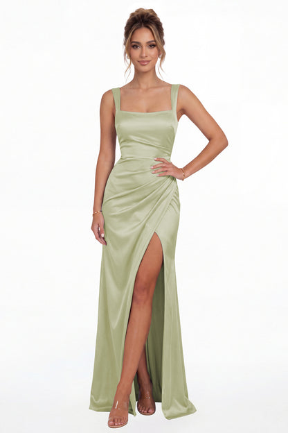 Sage Green Square Neck Ruched Satin Slit Maxi Gown - Front View