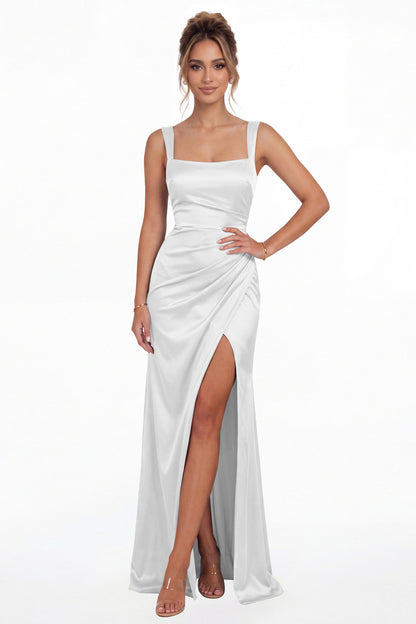 White Square Neck Ruched Satin Slit Maxi Gown - Front View