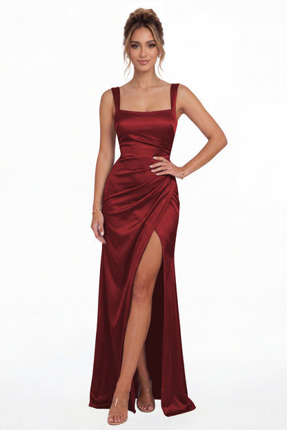 Wine Red Square Neck Ruched Satin Slit Maxi Gown - Front View