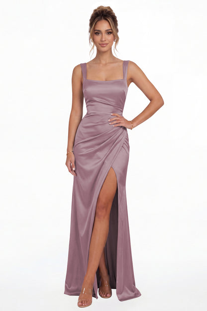 Wisteria Square Neck Ruched Satin Slit Maxi Gown - Front View
